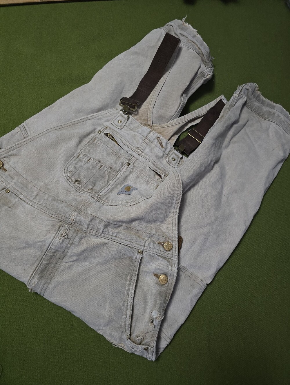 Distressed Carhartt Denim Bib Overalls with Dark Brown Straps - Picture 1 of 6